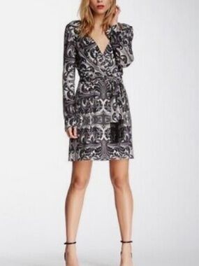 Jessica Simpson Paisley Black, Gray & White Printed Wrap Dress - Women's